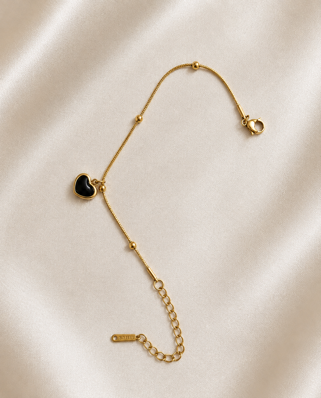 Minimalist | Black Heart Charm | Bracelet | Gold Snake Chain