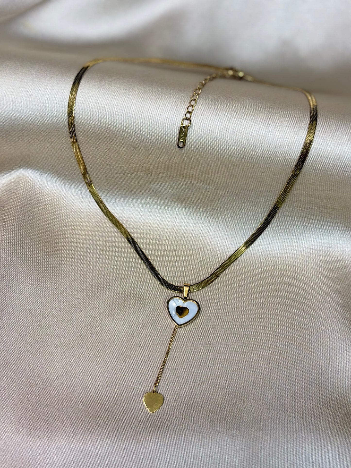 Golden Mother of Pearl Heart | Lariat Necklace | Stainless Steel
