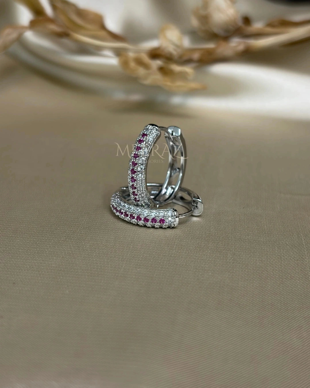 Ruby Pink & Clear Pave | Huggie Earrings | Waterproof | Silver Dome Hoop