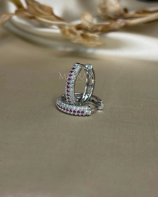 Ruby Pink & Clear Pave | Huggie Earrings | Waterproof | Silver Dome Hoop