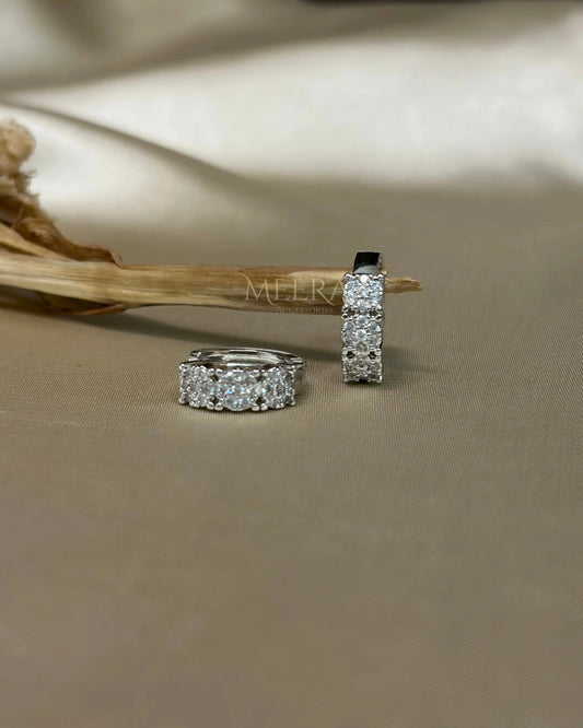 Classic Silver | Triple Stone | Huggie Earrings | Waterproof Three-Crystal Pave Hoops