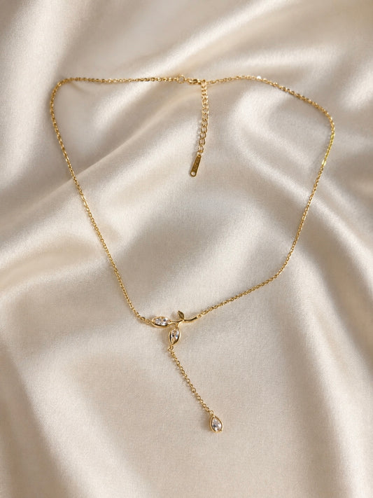Minimalist Gold Leaf | Lariat Necklace | Crystal Drop Pendant