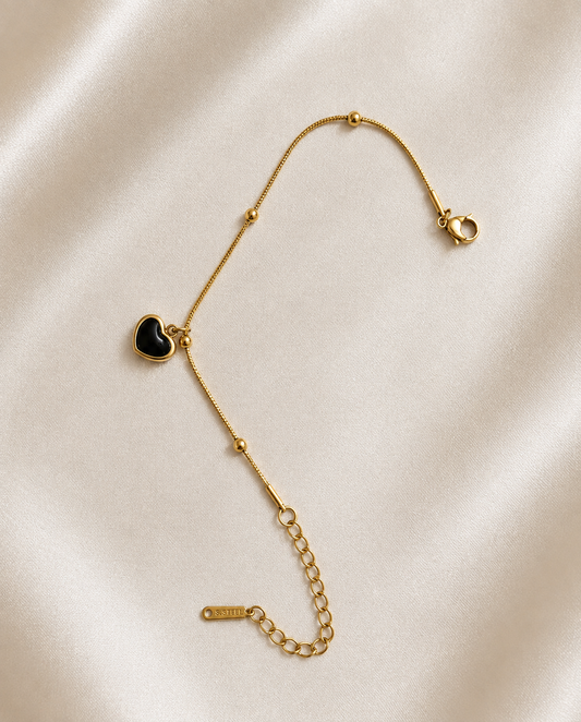 Minimalist | Black Heart Charm | Bracelet | Gold Snake Chain